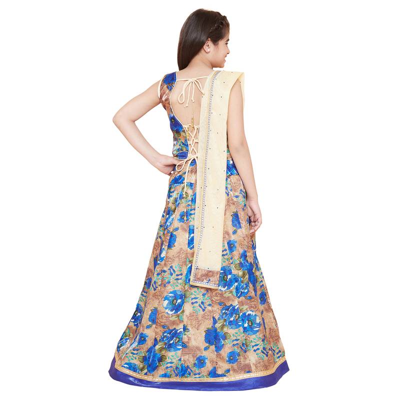 Blue printed silk stitched   lehenga &   choli with dupatta