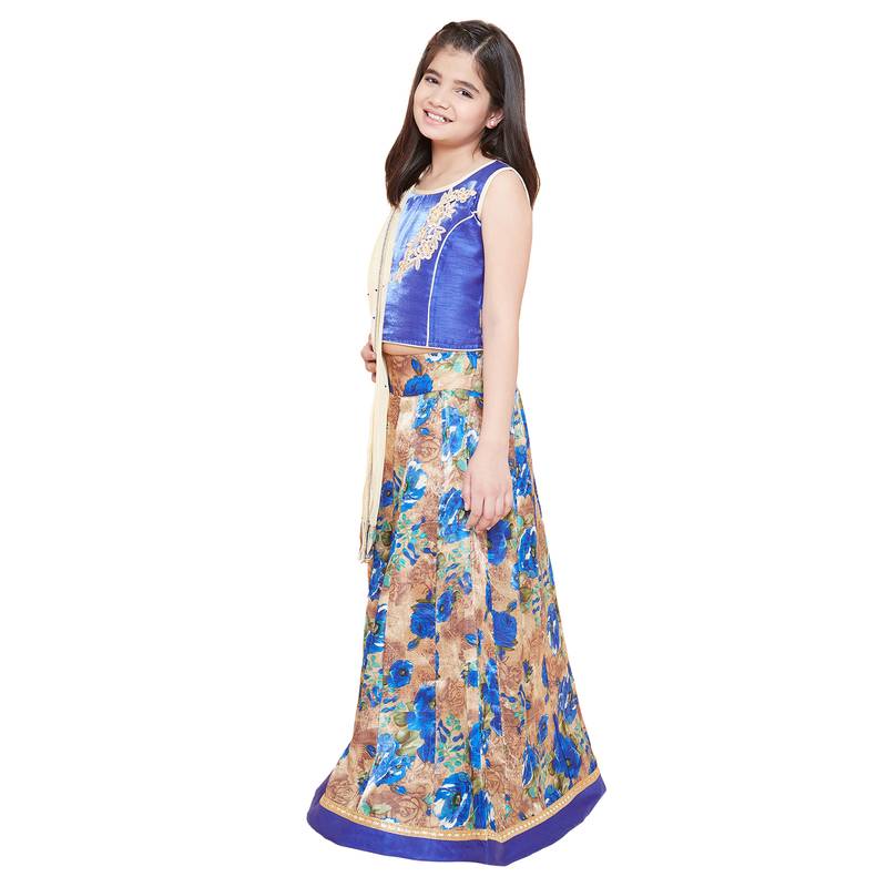Blue printed silk stitched   lehenga &   choli with dupatta