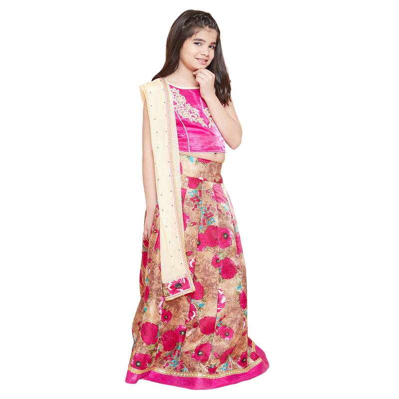 Pink printed silk stitched   lehenga &   choli with dupatta