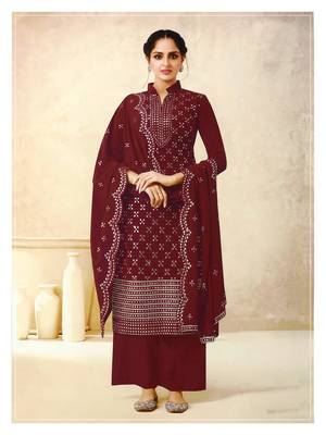 Women's Georgette Maroon Embroidered Semi Stitched Salwar Suit Palazzo Material 1