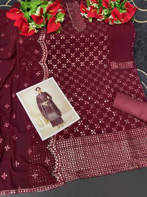 Women's Georgette Maroon Embroidered Semi Stitched Salwar Suit Palazzo Material 2