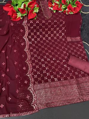Women's Georgette Maroon Embroidered Semi Stitched Salwar Suit Palazzo Material 3