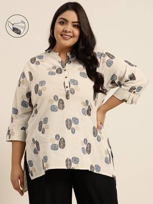 Natural Cotton Flex Printed High Low Kurta with Mask 1
