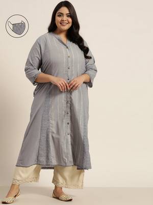 Grey Cotton Dobby Printed A-Line Kurta with Mask 1