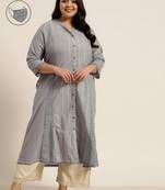 Grey Cotton Dobby Printed A-Line Kurta with Mask
