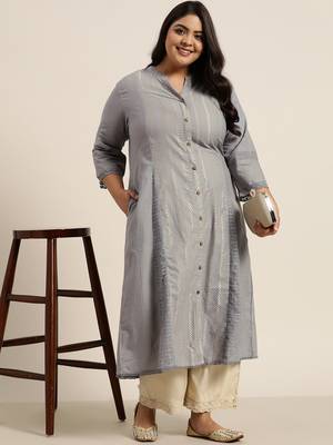 Grey Cotton Dobby Printed A-Line Kurta with Mask 2