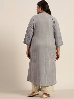 Grey Cotton Dobby Printed A-Line Kurta with Mask 3