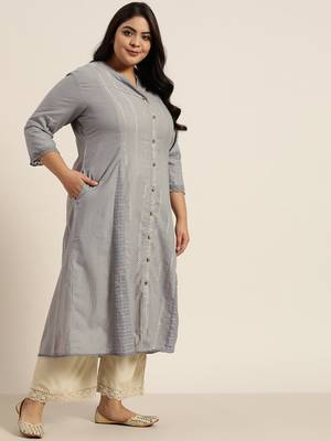 Grey Cotton Dobby Printed A-Line Kurta with Mask 4