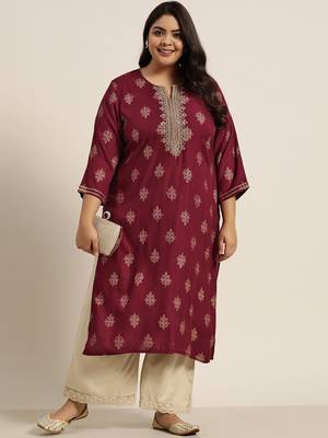 Burgundy Rayon Dobby Printed Straight Kurta 2