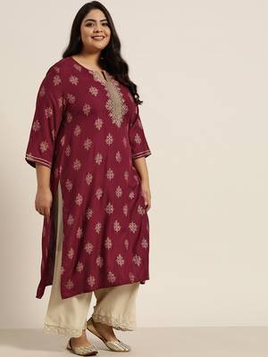 Burgundy Rayon Dobby Printed Straight Kurta 4