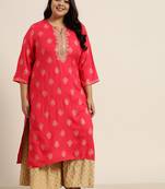 Fuschia Rayon Dobby Printed Straight Kurta