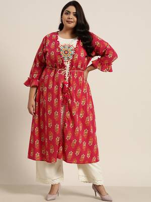 Fuschia Rayon Embroidered Jacket Style Kurta 1