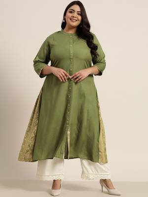 Olive Rayon Printed A-Line Kurta 1