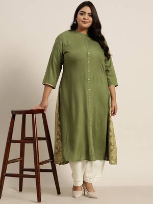 Olive Rayon Printed A-Line Kurta 2