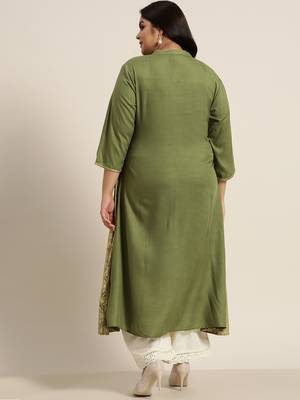 Olive Rayon Printed A-Line Kurta 3