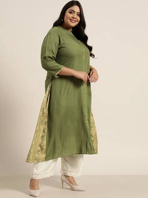 Olive Rayon Printed A-Line Kurta 4