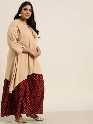Beige Rayon Slub Solid Asymmetric Kurta 4