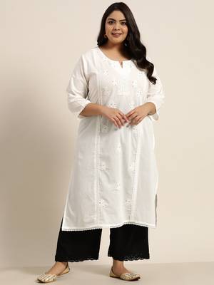 White Cotton Voile Embroidered Straight Kurta 1