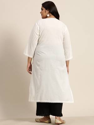White Cotton Voile Embroidered Straight Kurta 3