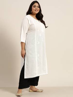 White Cotton Voile Embroidered Straight Kurta 4