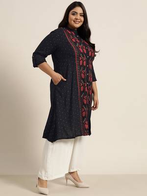 Black Rayon Slub Printed A-Line Kurta 4