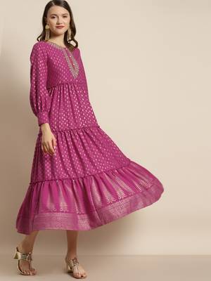 Fuschia Poly Rayon Printed Tiered Dress 1
