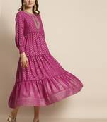 Fuschia Poly Rayon Printed Tiered Dress