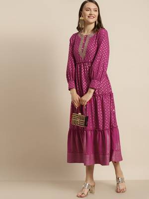 Fuschia Poly Rayon Printed Tiered Dress 2