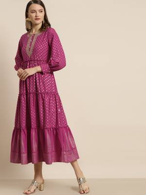 Fuschia Poly Rayon Printed Tiered Dress 4