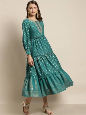 Teal Poly Rayon Printed Tiered Dress 1