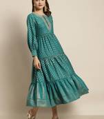 Teal Poly Rayon Printed Tiered Dress