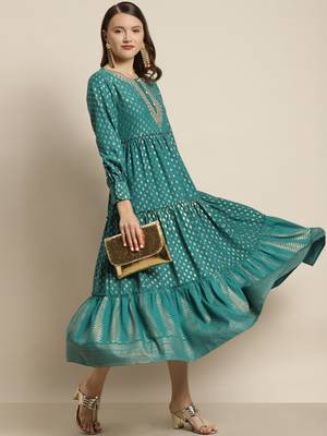 Teal Poly Rayon Printed Tiered Dress 2