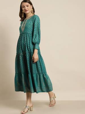 Teal Poly Rayon Printed Tiered Dress 4