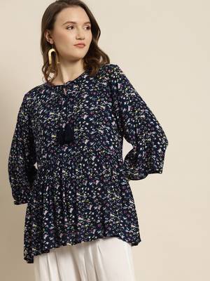 Navy Rayon Crepe Floral Print Tunic 1