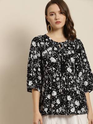 Black Rayon Floral Print Tunic 1