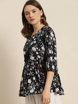 Black Rayon Floral Print Tunic 4