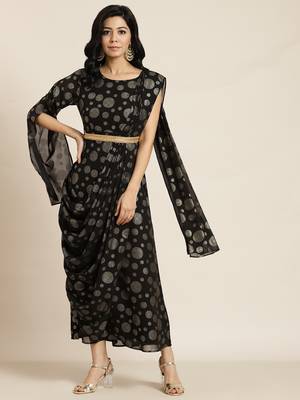 Black Georgette Printed Flared Gown with Drape 1