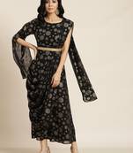 Black Georgette Printed Flared Gown with Drape