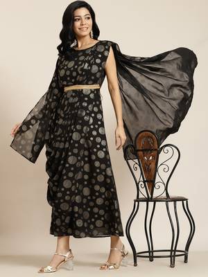 Black Georgette Printed Flared Gown with Drape 2