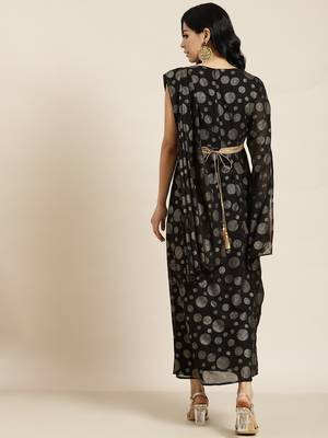 Black Georgette Printed Flared Gown with Drape 3