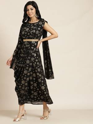 Black Georgette Printed Flared Gown with Drape 4