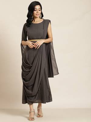 Grey Georgette Printed Flared Gown with Drape 1