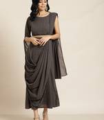 Grey Georgette Printed Flared Gown with Drape