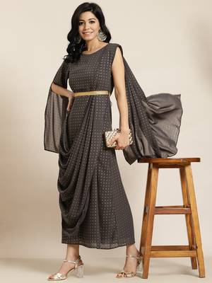 Grey Georgette Printed Flared Gown with Drape 2