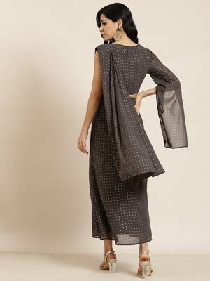 Grey Georgette Printed Flared Gown with Drape 3