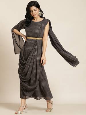 Grey Georgette Printed Flared Gown with Drape 4