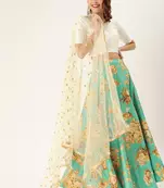 Sea-green printed satin unstitched lehenga