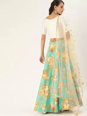 Sea-green printed satin unstitched lehenga 2