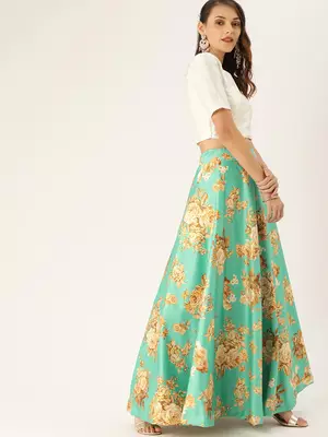 Sea-green printed satin unstitched lehenga 3