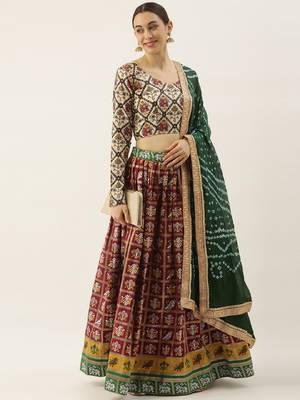 Maroon printed jacquard unstitched lehenga 1